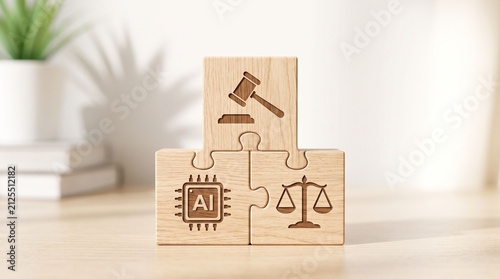 Artificial Intelligence Law Concept with Wooden Puzzle Pieces showing Gavel AI Chip and Justice Scale
