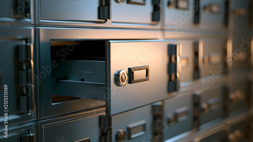 Close-up of secure metal safe deposit boxes with one partially open, highlighting security and storage