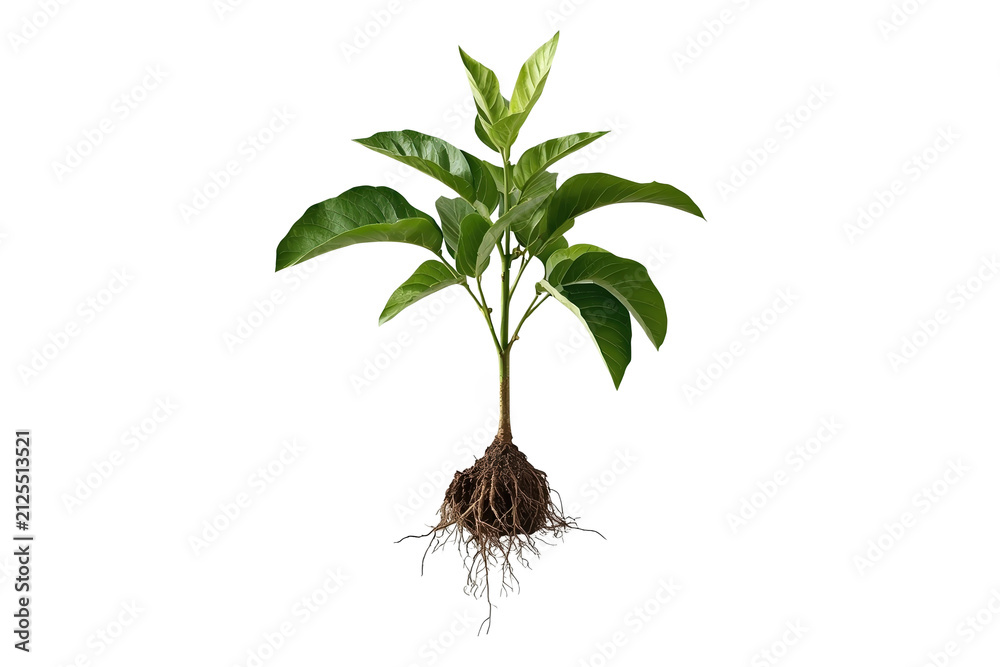Fototapeta premium Small leafy seedling with soil and roots isolated on transparent background