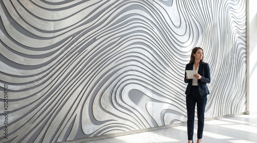 A woman in a business suit stands with a tablet in front of a modern, wave-patterned wall, looking thoughtfully into the distance. She appears professional and poised.