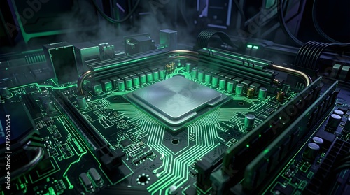 Computer Motherboard with CPU and RAM, Green Circuitry, Technology Concept