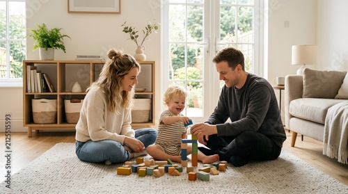Happy family playing with wooden blocks on living room floor
