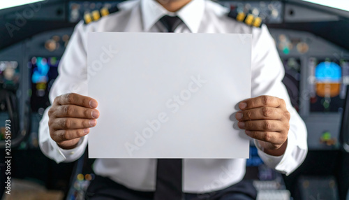 Airplane pilot holding a blank white sign in the cockpit for custom text advertisement and commercial travel marketing copy