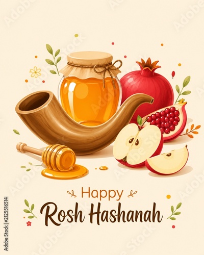 Happy Rosh Hashanah Illustration with Shofar, Honey Jar, Pomegranate and Apple Slices