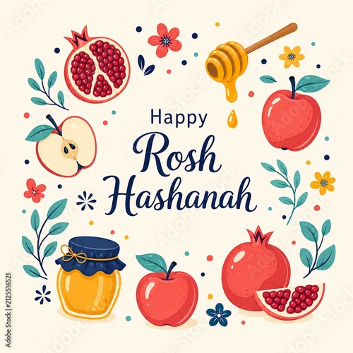 Happy Rosh Hashanah Greeting with Pomegranate, Apples, Honey Jar and Floral Jewish Holiday Symbols