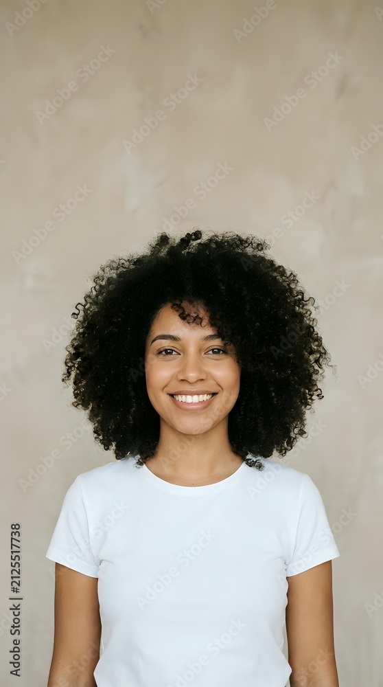 Fototapeta premium Young woman with dark curly hair and warm smile wearing white t-shirt against neutral beige background, suitable for portrait, diversity, lifestyle and professional headshot applications.