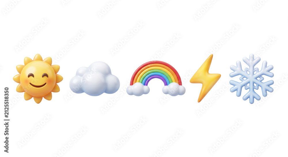 Obraz premium Set of 3D weather icons sun cloud rainbow lightning snowflake