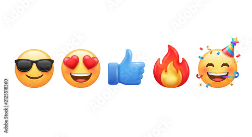 Quadro su tela Set of popular reaction emoji icons cool heart eyes thumbs up fire party