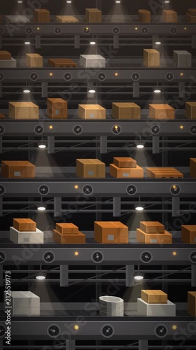 Factory Conveyor Belt Moving Cardboard Boxes On Industrial Production Line Seamless Loop in cool orange tones vertical 9:16