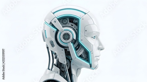 A detailed profile view of a futuristic android head featuring intricate white mechanical panels.