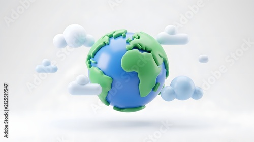 A stylized 3D globe of the earth surrounded by soft floating clouds on a neutral white background.