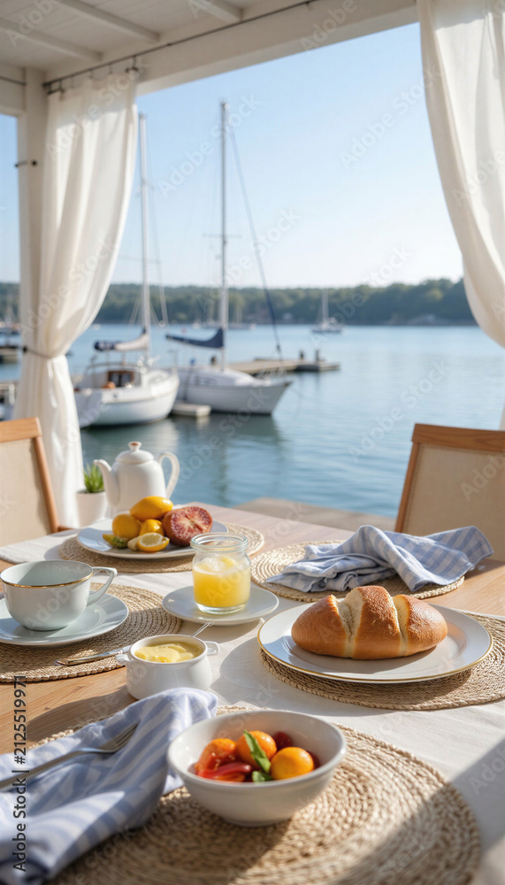 Fototapeta premium Minimalist breakfast setting on marina terrace with sailboats in background 