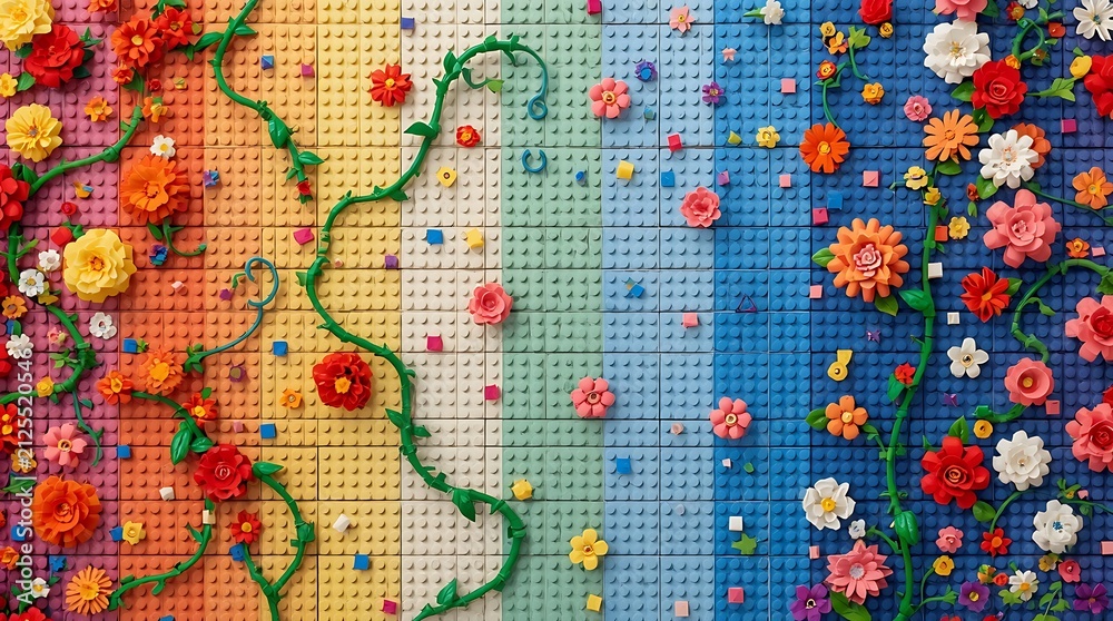 Naklejka premium Vibrant Lego Flowers and Whimsical Vines on a Rainbow Grid of Building Blocks