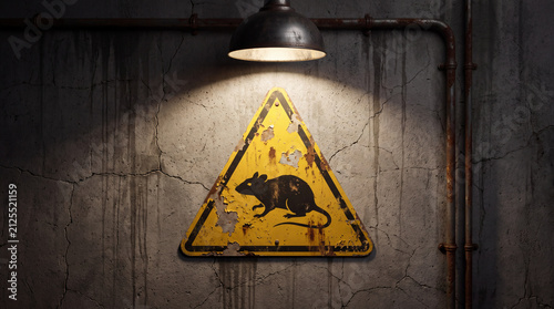 A yellow triangle warning sign featuring a black rat silhouette mounted on a stained, cracked concrete wall illuminated by a metal industrial lamp.