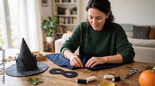 Woman sewing a witch hat and mask for Halloween at home