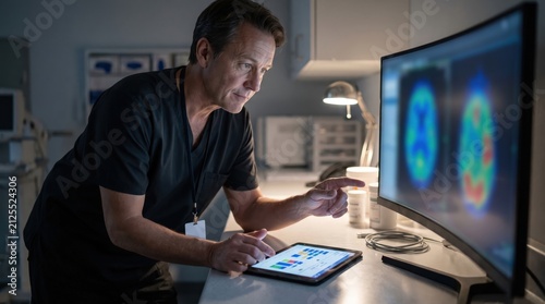 Doctor analyzes brain scan results on computer and tablet in modern medical office