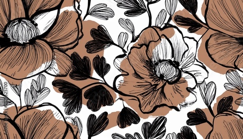 abstract flowers hand drawn seamless pattern ink brush silhouettes texture