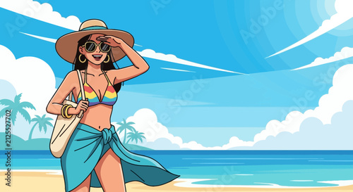 Woman in colorful dress holding a kite on a beach.