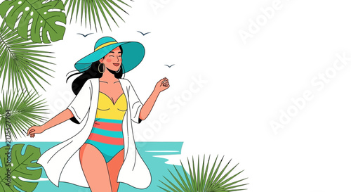 Woman in colorful tropical outfit dancing with palm leaves.