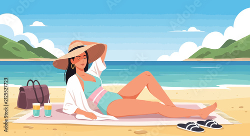 Woman in summer dress relaxing on inflatable pink flamingo float.