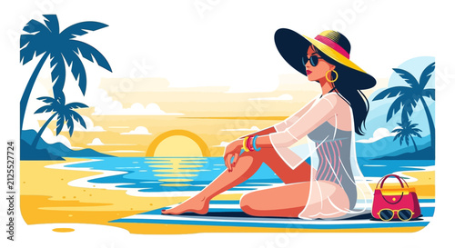 Woman in red swimsuit enjoying sunset on beach with surfboard.
