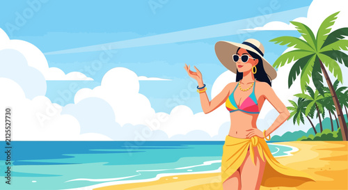 Woman in tropical swimsuit enjoying beach vacation.