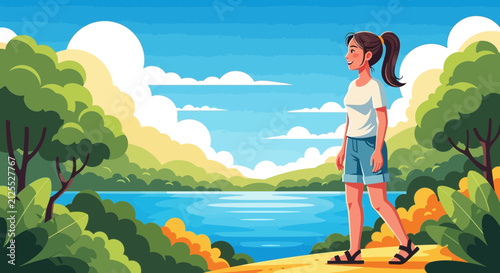 Woman standing on a wooden dock by a serene lake.