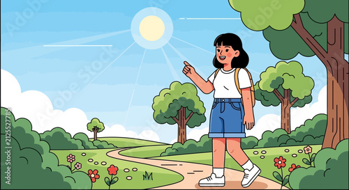 Young girl flying kite in sunny summer meadow garden.