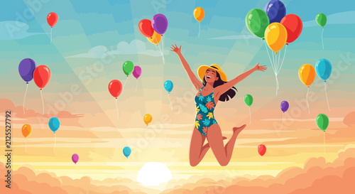 Young girl in colorful balloon costume celebrating outdoors.