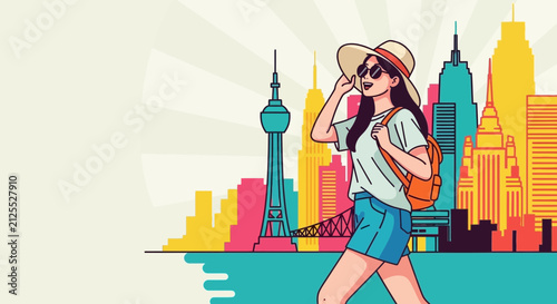 Young woman in colorful cityscape with shopping bags and phone.