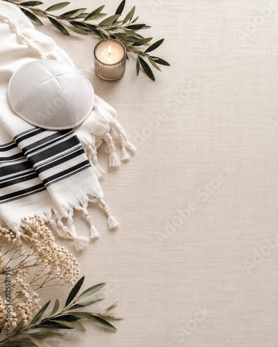 Minimal Yom Kippur Flat Lay with Kippah Tallit and Copy Space
