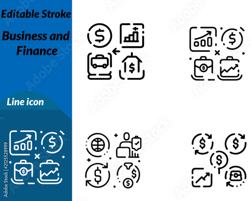A professional vector icon representing business finance investment economic growth. The design features a briefcase coins financial chart calculator upward arrow. Symbolizing profitability financial.