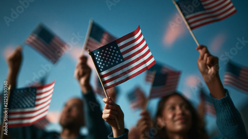 Crowd Waving American Flags Celebrating Independence Day Outdoors