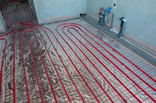 Underfloor surface heating pipes. Low temperature heating concept