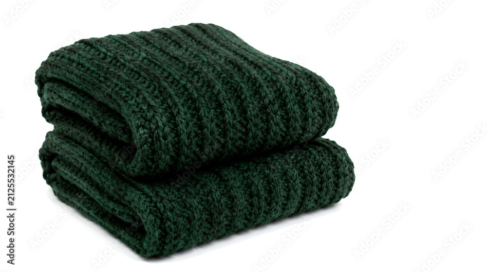 Fototapeta premium Cozy knit dark green winter scarf isolated on a white background