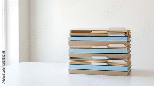 Organized office documents stacked on a bright white table