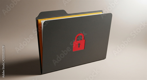 Secure black folder with red padlock icon, confidential data protection concept, private document storage and cyber security