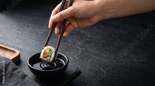 Hand Using Chopsticks to Dip Sushi Roll Into Soy Sauce Bowl