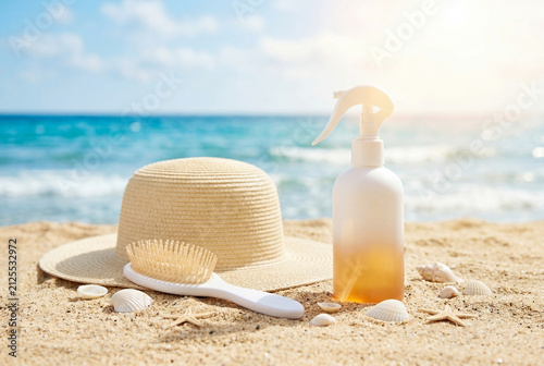 Hair care spray bottle sits on a sandy beach with a sun hat