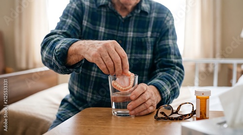 Senior man putting false teeth into glass of water at bedside
