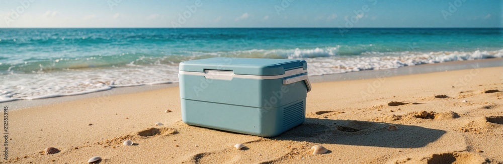 Fototapeta premium Light blue cooler sits on golden sand beach by ocean water. Modern portable ice chest rests at sunny tropical shore near foamy waves. Refreshing drinks container prepared for summer vacation