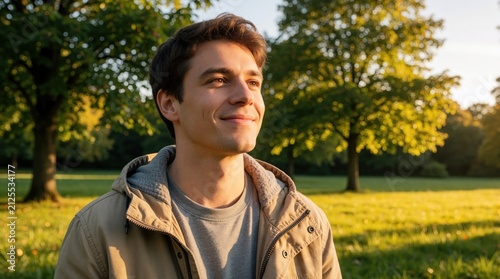 Young man smiles outdoors in warm golden sunlight. Green park trees and grass create natural background. He wears casual jacket and t-shirt enjoying peaceful day.
