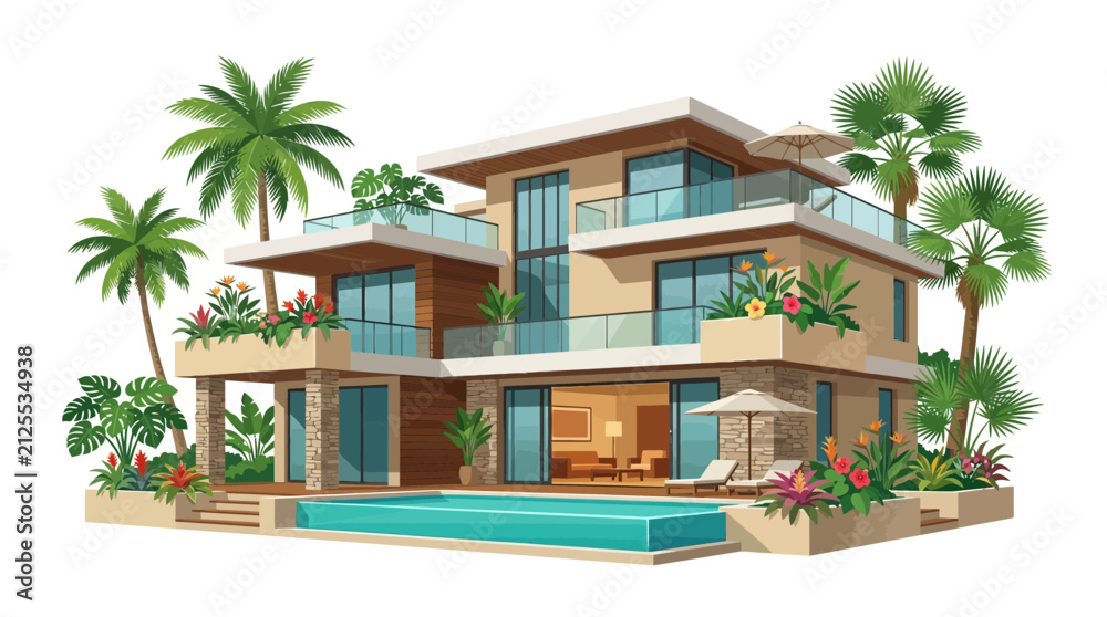 Fototapeta premium Modern Luxury Villa with Pool and Tropical Plants
