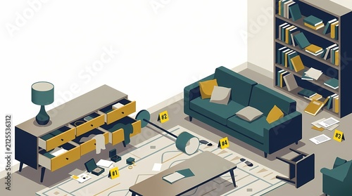 Isometric Crime Scene Investigation in a Living Room.