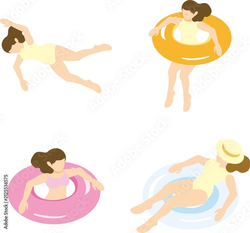 Isometric illustrations of people swimming or playing with swim rings in the sea or a pool.
