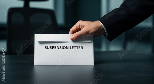 Suspension letter in white envelope on office desk, hand of employer delivering termination notice, corporate layoff and firing concept