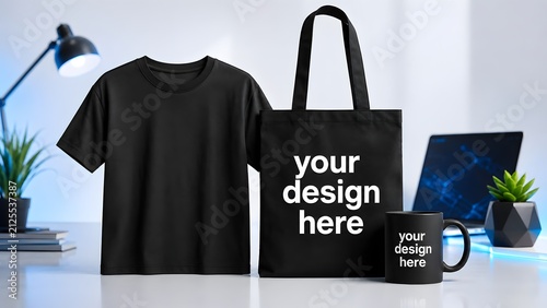 Black t-shirt, tote bag, and coffee mug with placeholder text on a desk. Merchandising items suitable for retail branding and corporate identity.