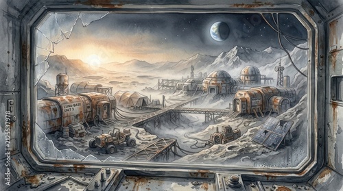 Futuristic deserted lunar colony landscape under moon