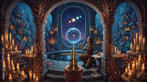 Mystical scene celestial orb telescope study