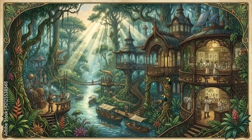 Fantasy jungle village with river and sunlight beams
